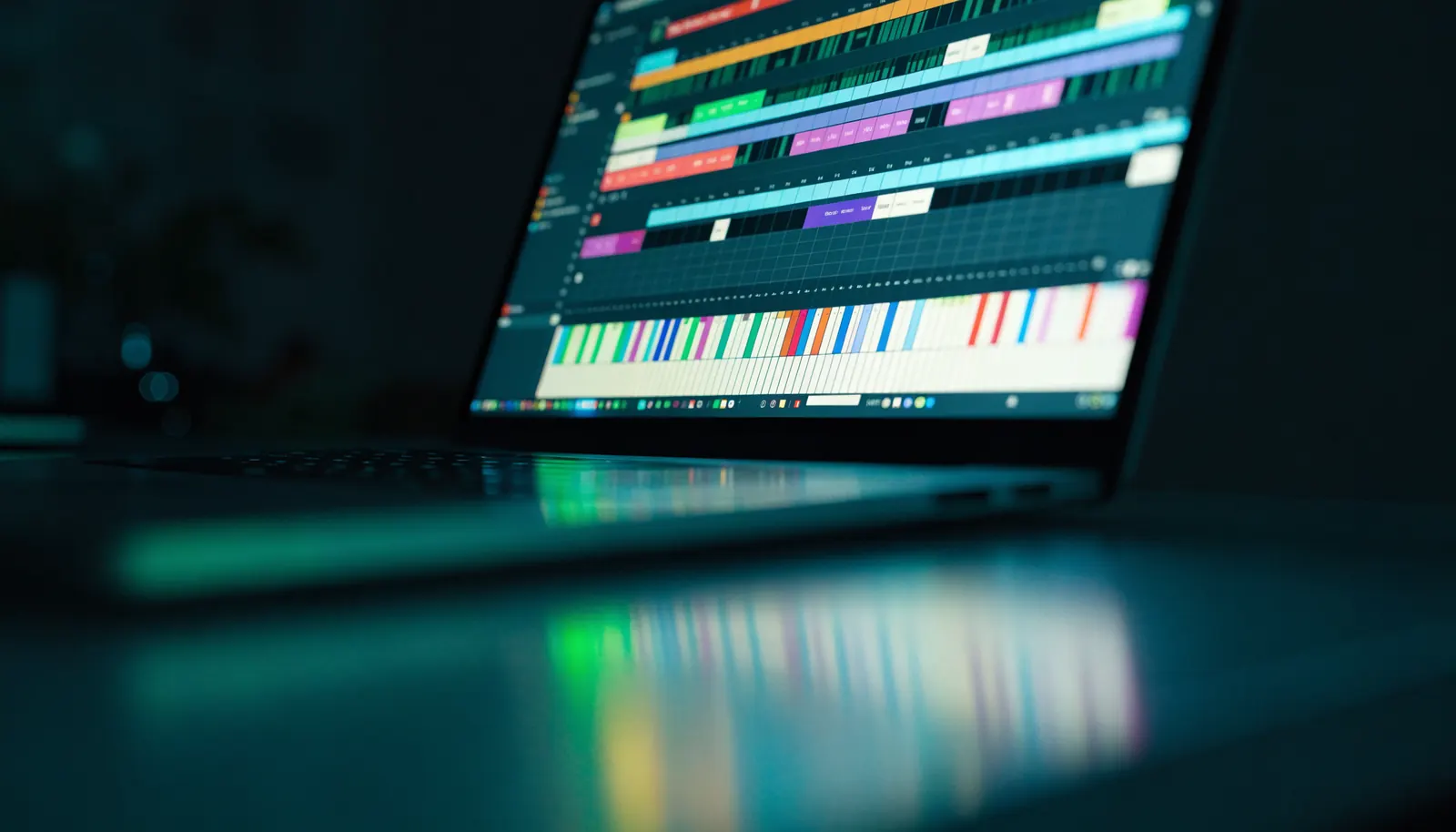 作曲ソフトの編集画面が映るノートパソコン